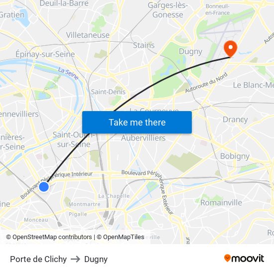 Porte de Clichy to Dugny map
