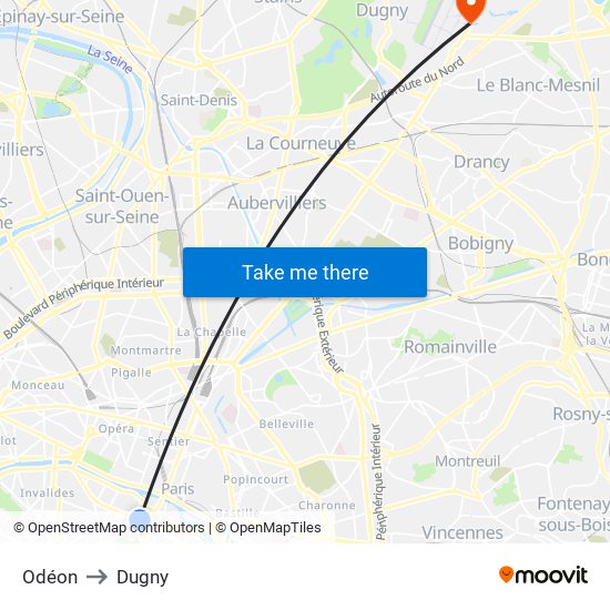 Odéon to Dugny map