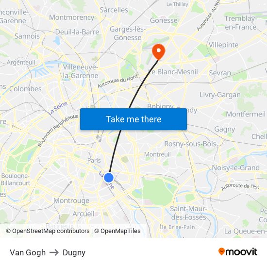 Van Gogh to Dugny map