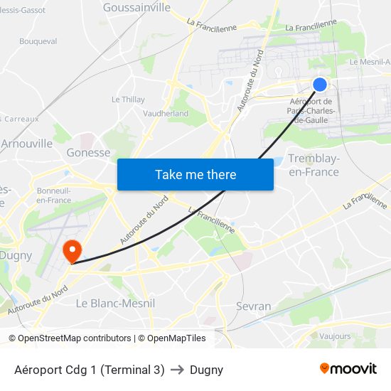 Aéroport Cdg 1 (Terminal 3) to Dugny map