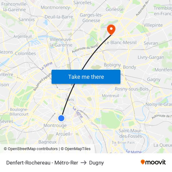 Denfert-Rochereau - Métro-Rer to Dugny map