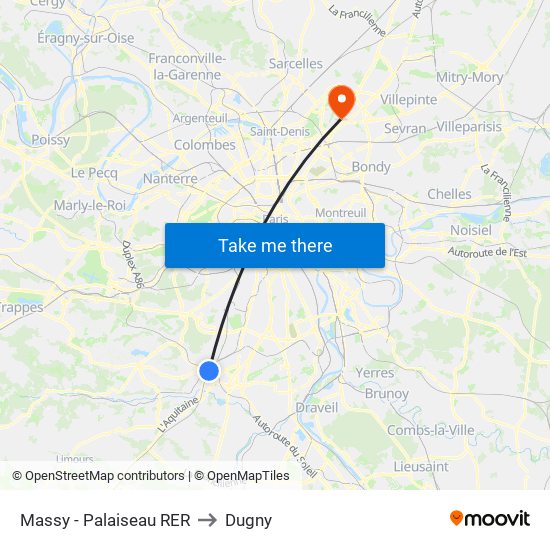 Massy - Palaiseau RER to Dugny map