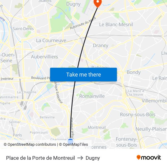 Place de la Porte de Montreuil to Dugny map