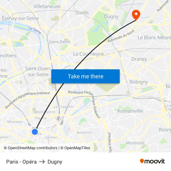 Paris - Opéra to Dugny map