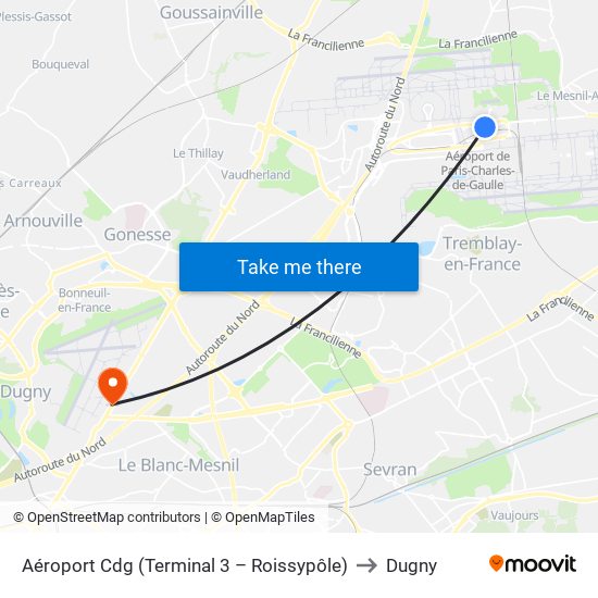 Aéroport Cdg (Terminal 3 – Roissypôle) to Dugny map