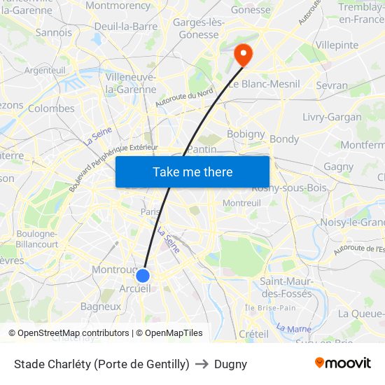 Stade Charléty (Porte de Gentilly) to Dugny map
