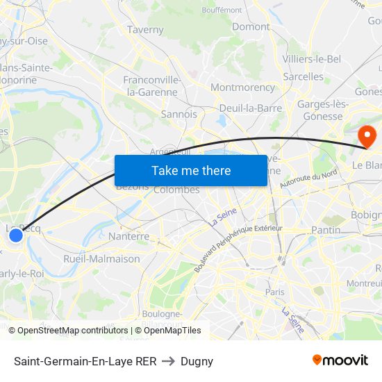 Saint-Germain-En-Laye RER to Dugny map