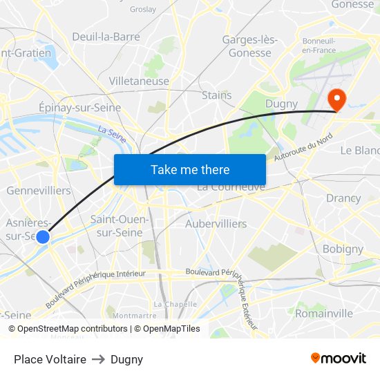 Place Voltaire to Dugny map