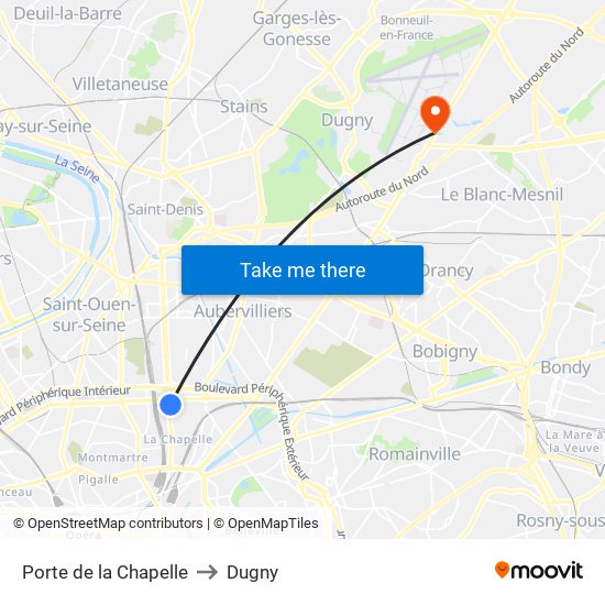 Porte de la Chapelle to Dugny map