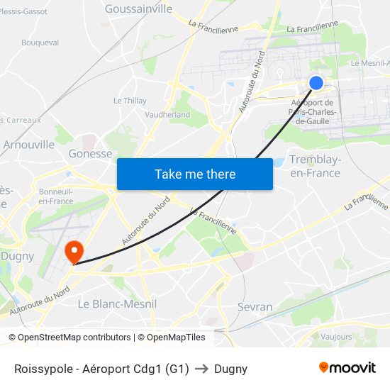 Roissypole - Aéroport Cdg1 (G1) to Dugny map