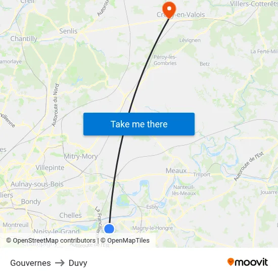 Gouvernes to Duvy map