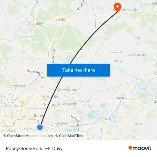 Rosny-Sous-Bois to Duvy map