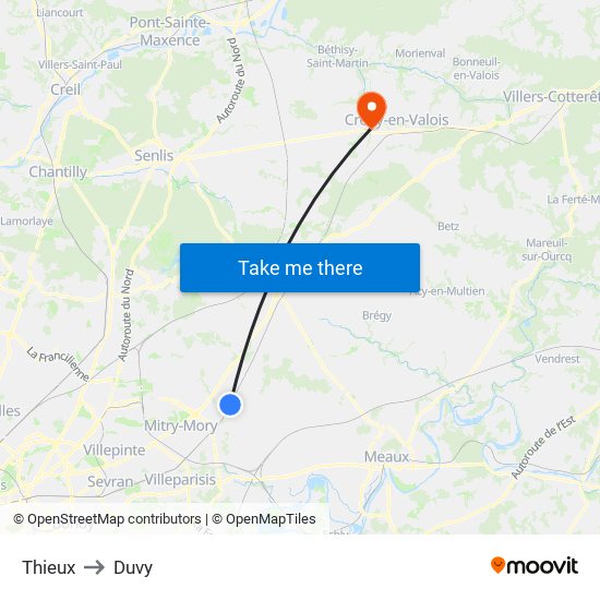 Thieux to Duvy map