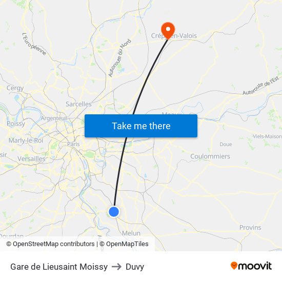 Gare de Lieusaint Moissy to Duvy map