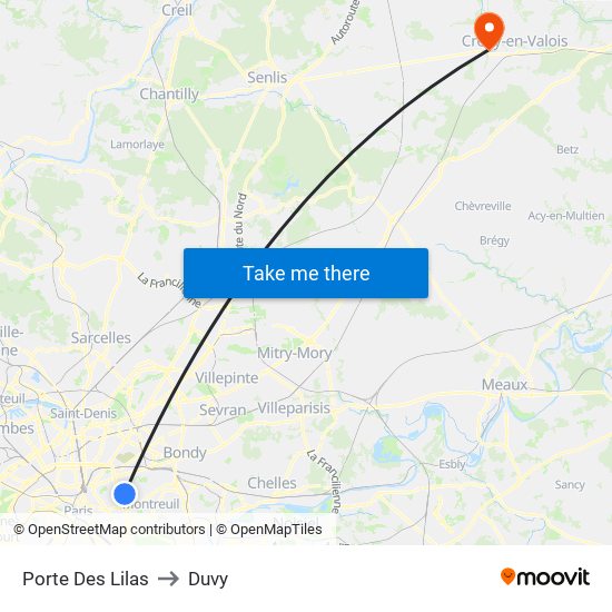 Porte Des Lilas to Duvy map