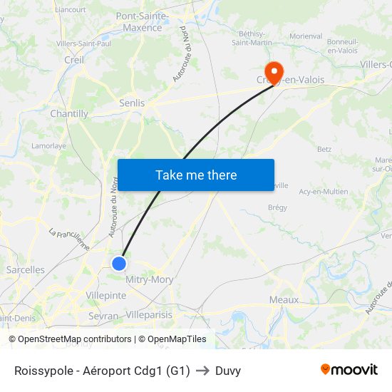 Roissypole - Aéroport Cdg1 (G1) to Duvy map