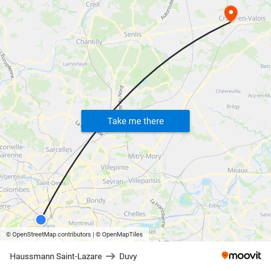 Haussmann Saint-Lazare to Duvy map