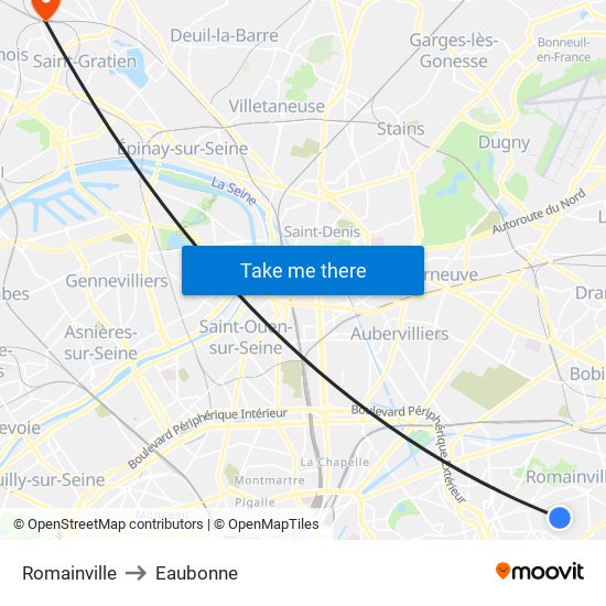 Romainville to Eaubonne map