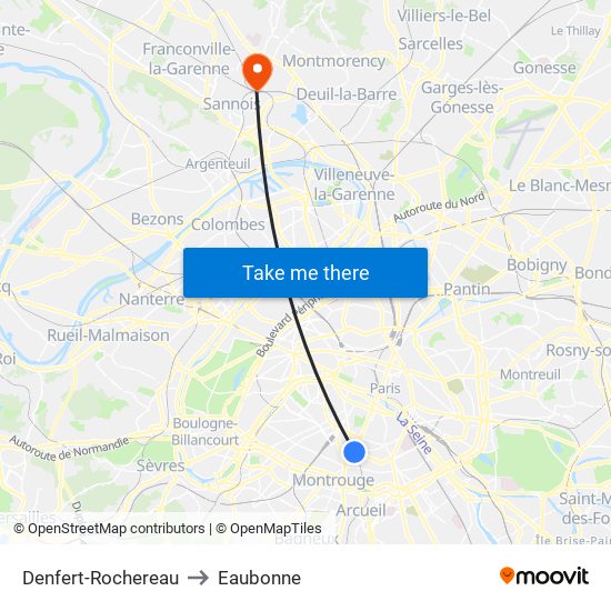 Denfert-Rochereau to Eaubonne map
