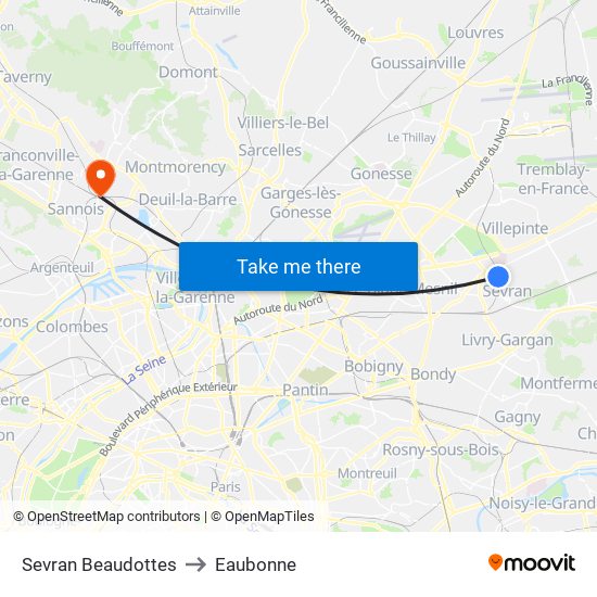 Sevran Beaudottes to Eaubonne map