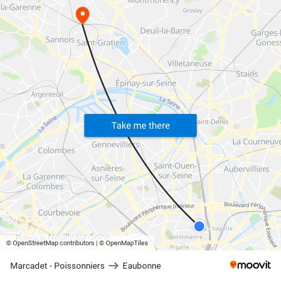 Marcadet - Poissonniers to Eaubonne map