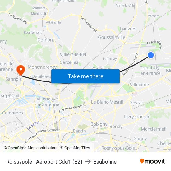 Roissypole - Aéroport Cdg1 (E2) to Eaubonne map