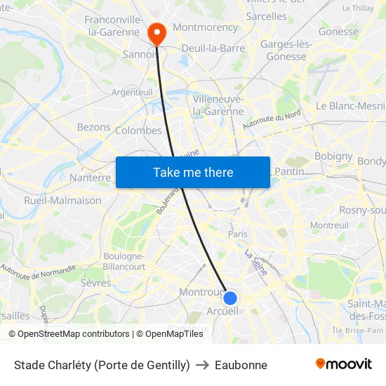 Stade Charléty (Porte de Gentilly) to Eaubonne map