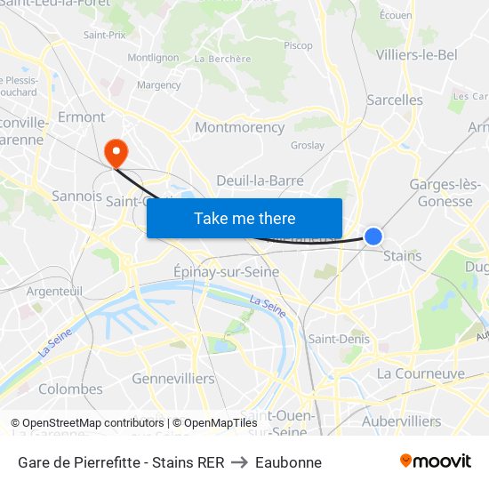Gare de Pierrefitte - Stains RER to Eaubonne map