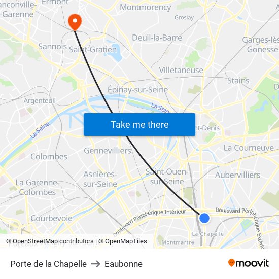 Porte de la Chapelle to Eaubonne map