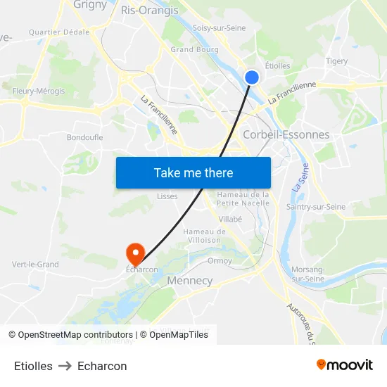 Etiolles to Echarcon map