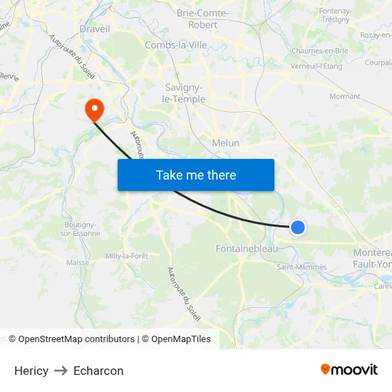 Hericy to Echarcon map