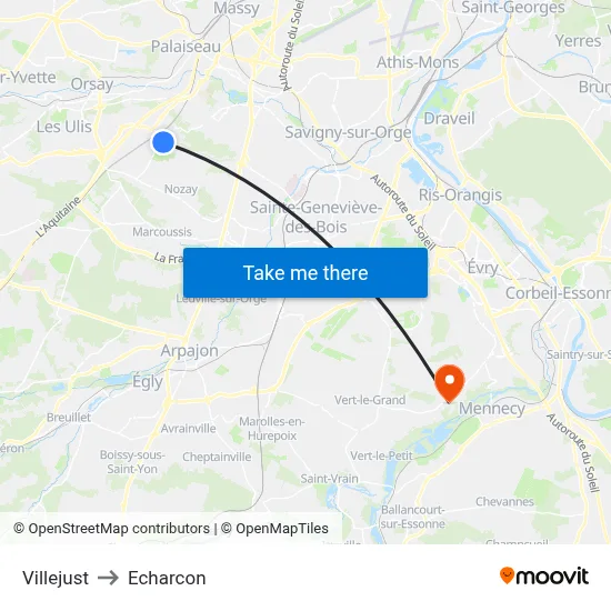 Villejust to Echarcon map