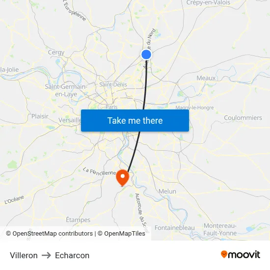 Villeron to Echarcon map