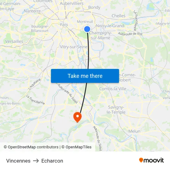 Vincennes to Echarcon map