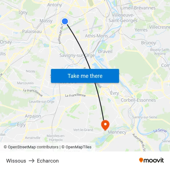Wissous to Echarcon map