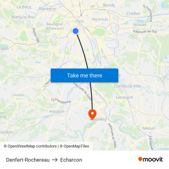 Denfert-Rochereau to Echarcon map
