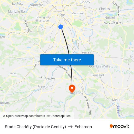 Stade Charléty (Porte de Gentilly) to Echarcon map