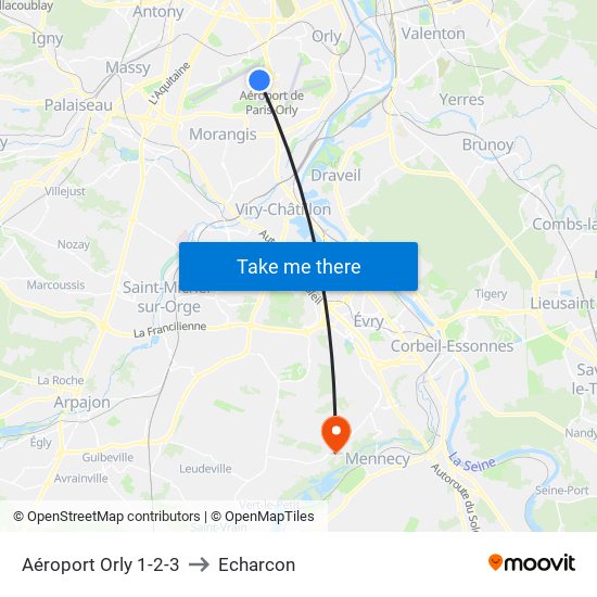 Aéroport Orly 1-2-3 to Echarcon map