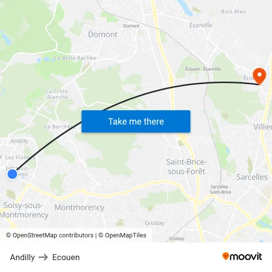 Andilly to Ecouen map