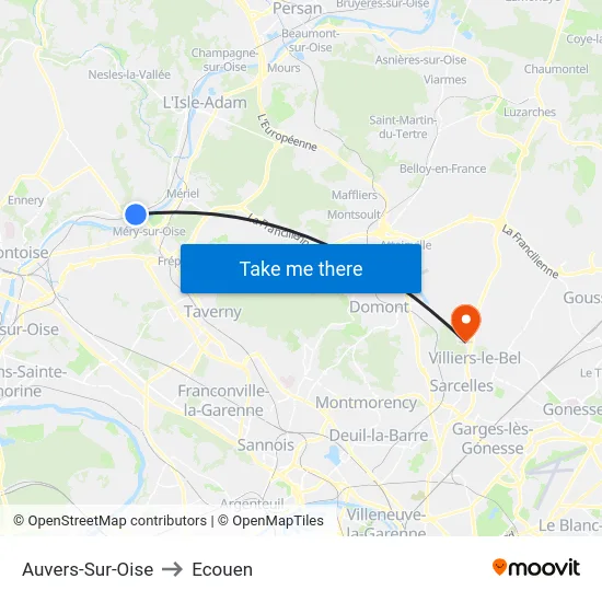 Auvers-Sur-Oise to Ecouen map