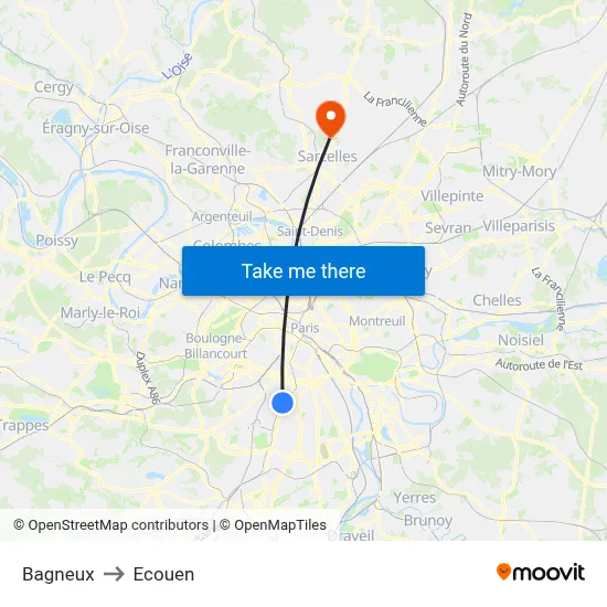 Bagneux to Ecouen map