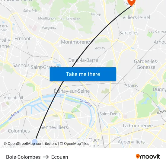 Bois-Colombes to Ecouen map