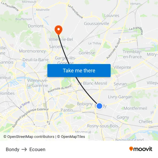 Bondy to Ecouen map