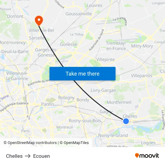 Chelles to Ecouen map