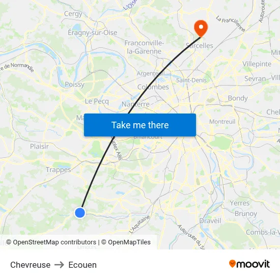 Chevreuse to Ecouen map