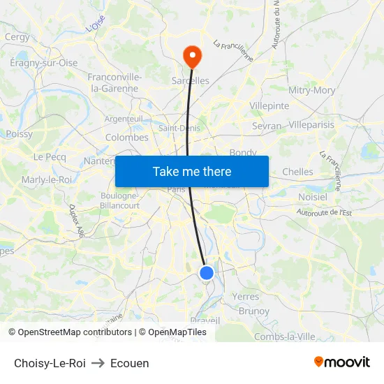 Choisy-Le-Roi to Ecouen map
