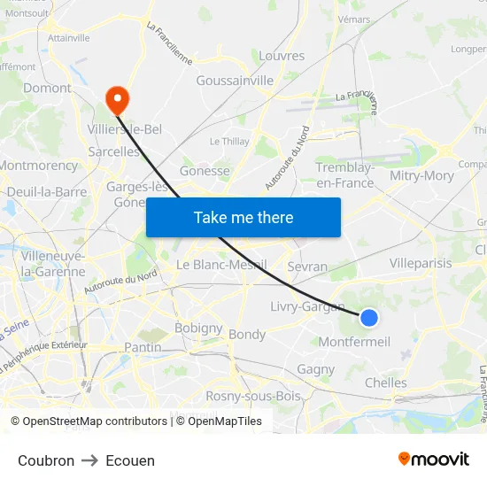 Coubron to Ecouen map
