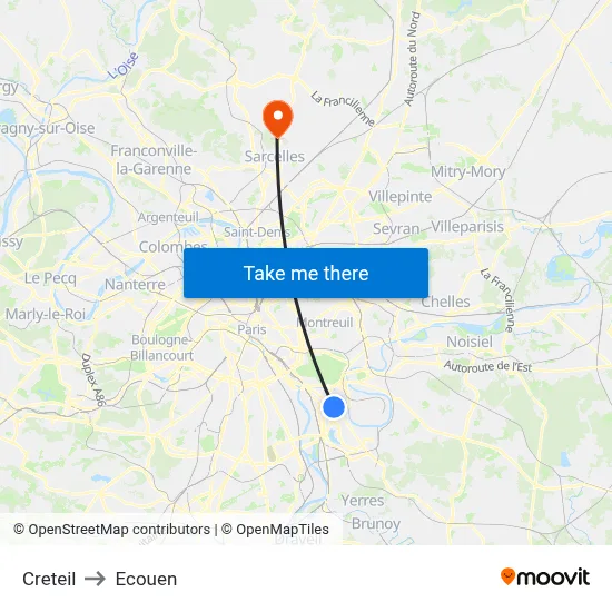 Creteil to Ecouen map