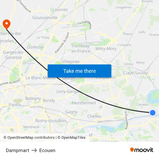 Dampmart to Ecouen map