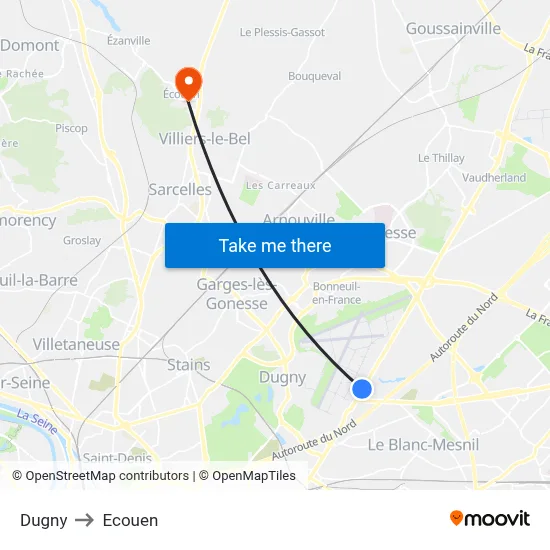 Dugny to Ecouen map